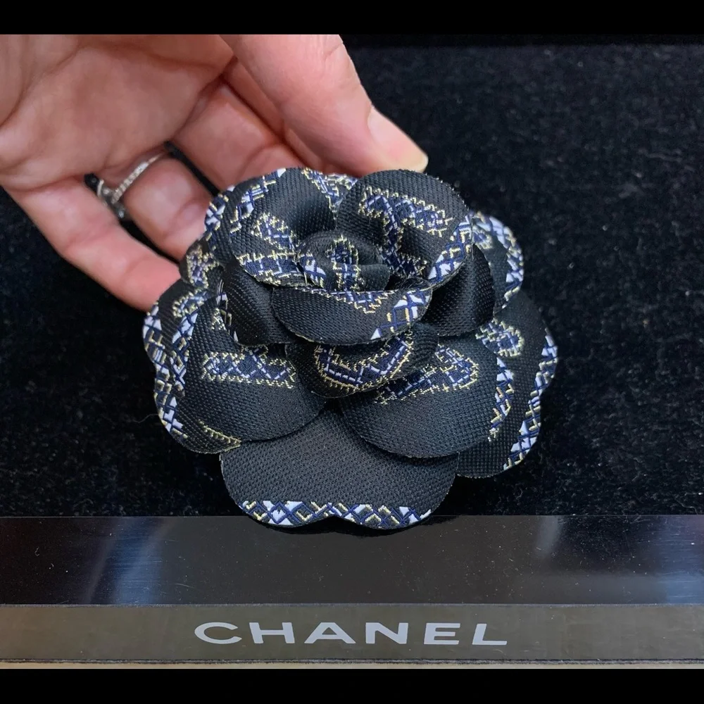 CHANEL Black Camellia Flower Brooch with Gold & Blue Stitching